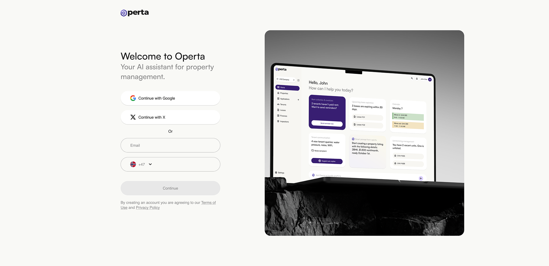 Operta welcome screen with AI assistant dashboard