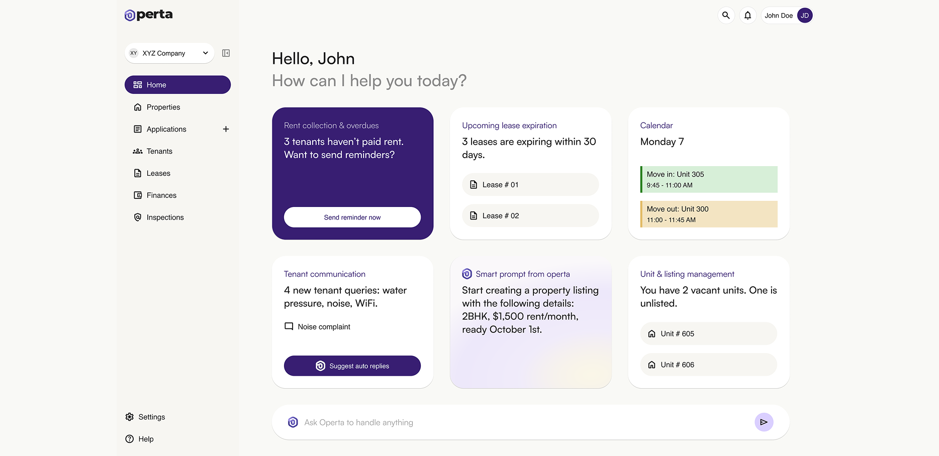 Operta AI dashboard, property management overview with proactive prompts