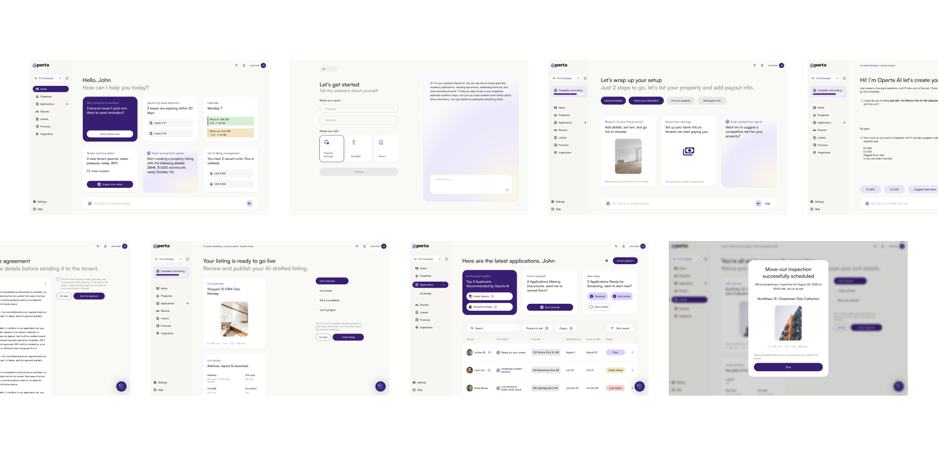 Operta UI design, full application overview and tenant screening screens