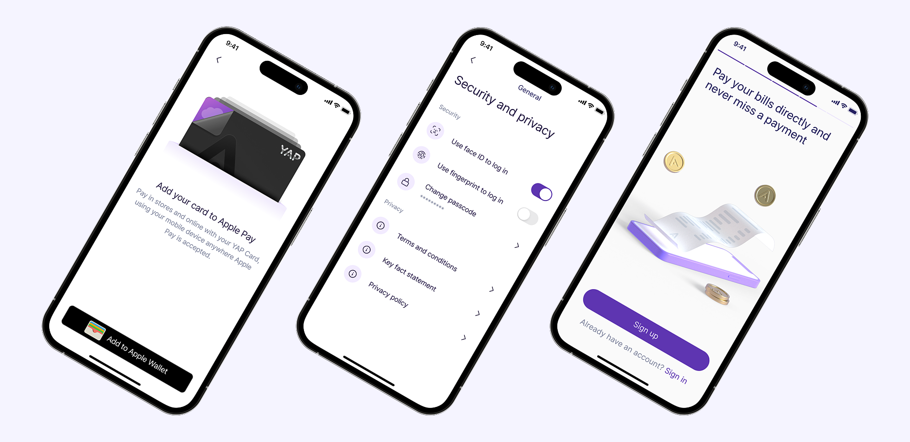YAP brand and UI, three phone mockups showing Apple Pay, security, and bill pay screens