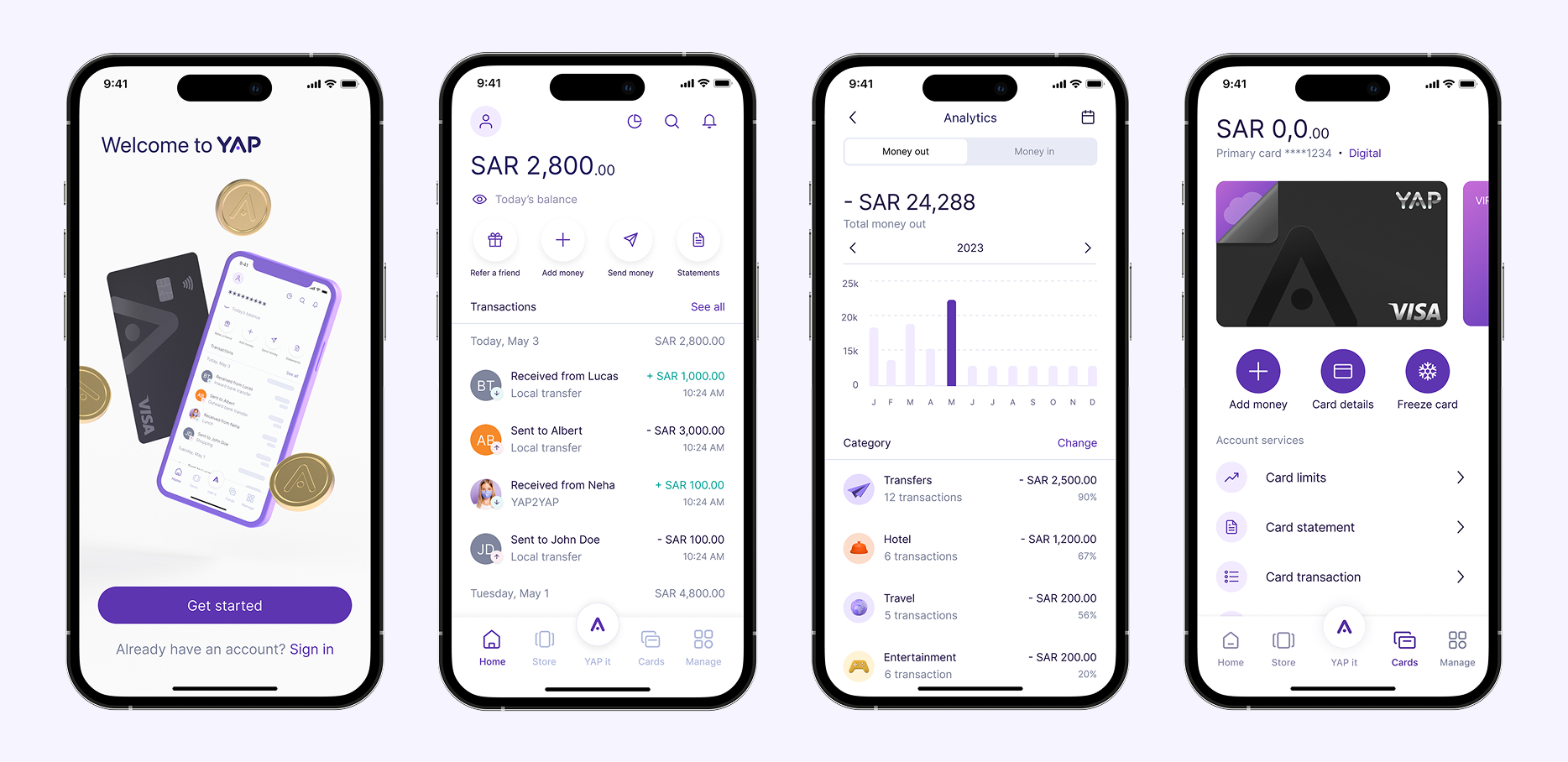 YAP app screens showing onboarding, home, analytics and cards