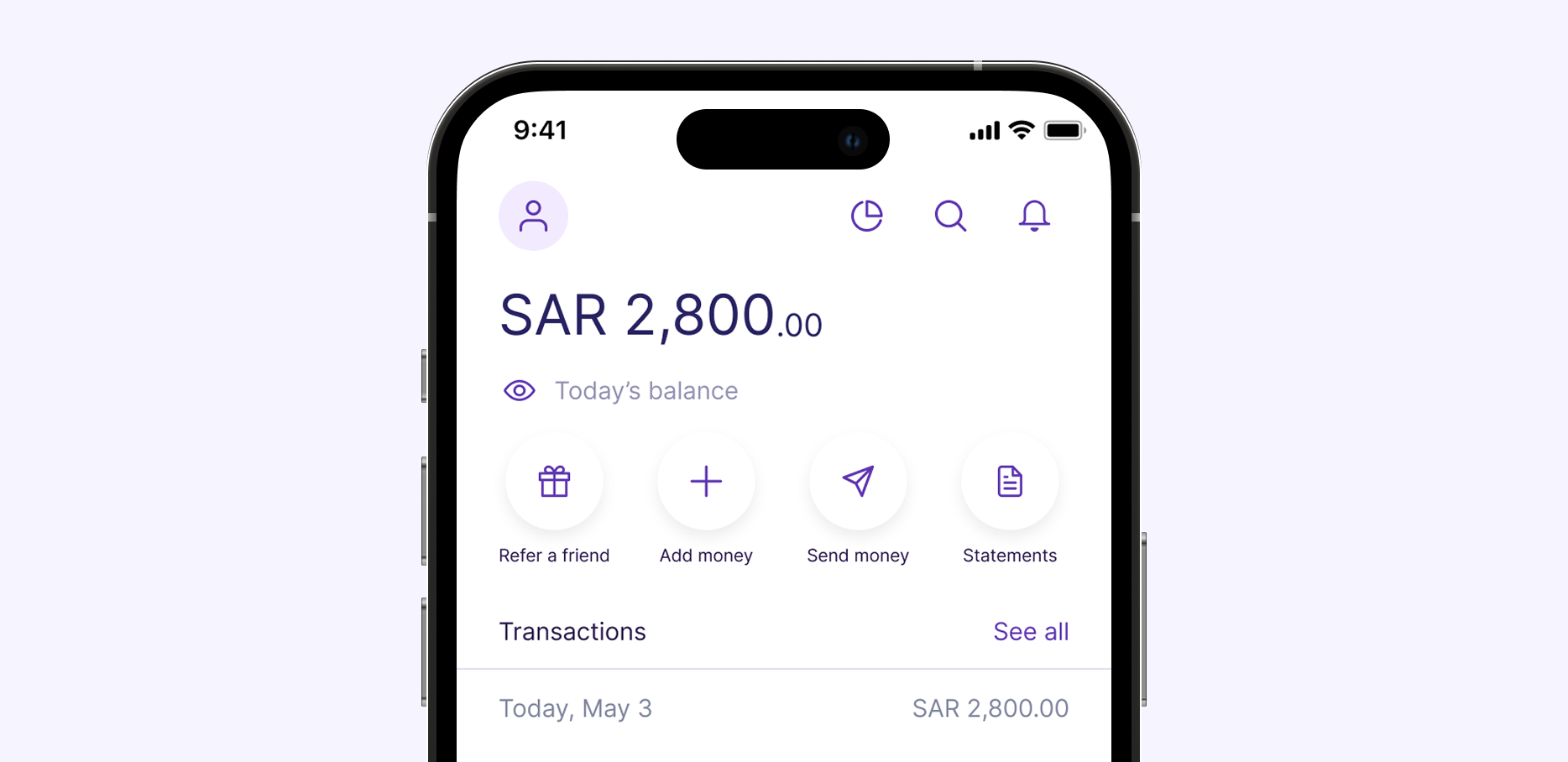 YAP app prototype, home screen with balance and quick actions